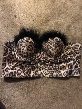 Windsor Leopard Print Faux Fur Trim Bustier Crop Top